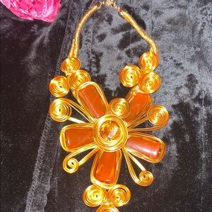 Gold-Tone Orange Floral Statement Necklace